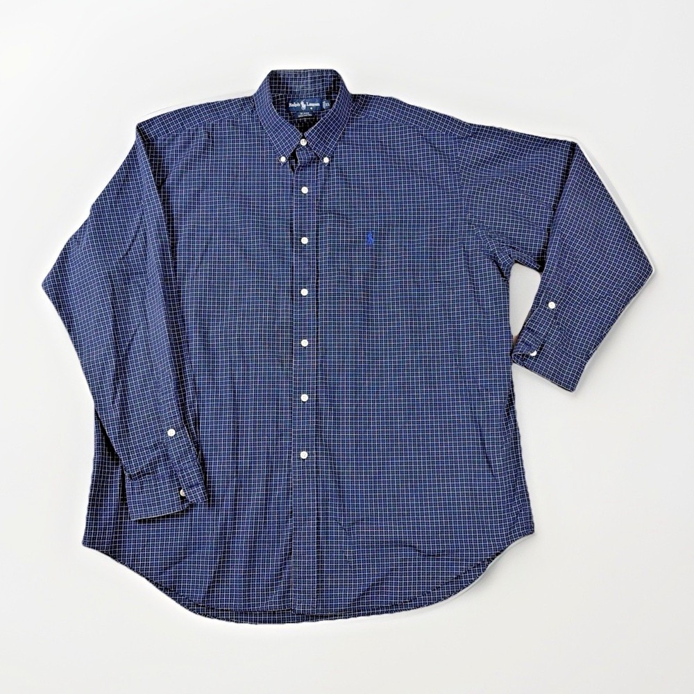 Ralph Lauren Button Down Shirt Mens XL Navy Blue Blake Plaid Long Sleeve Cotton